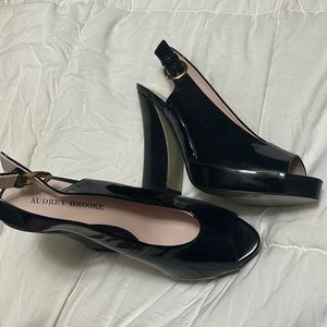 Audrey Brooke Peep Toe Chunk Heel - Black Patent